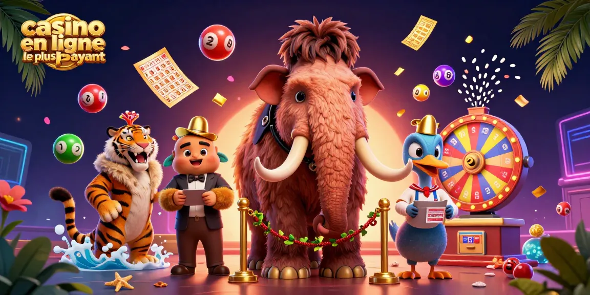 Casino en ligne le plus payant : Mammouth et invités devant un casino vibrant.