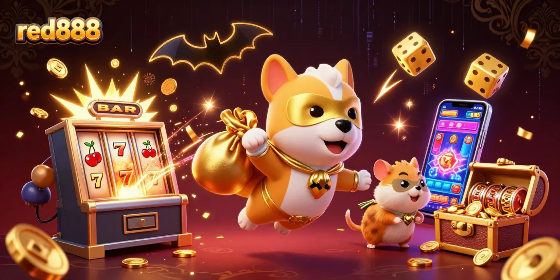 Experience thrilling gameplay with red888 as our superhero dog flies with gold coins in a vibrant casino scene.