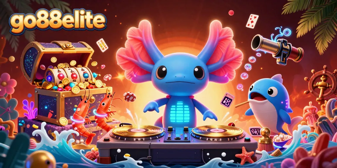 Engaging scene with go88elite's axolotl DJ and shrimp dancers illuminating the underwater casino.