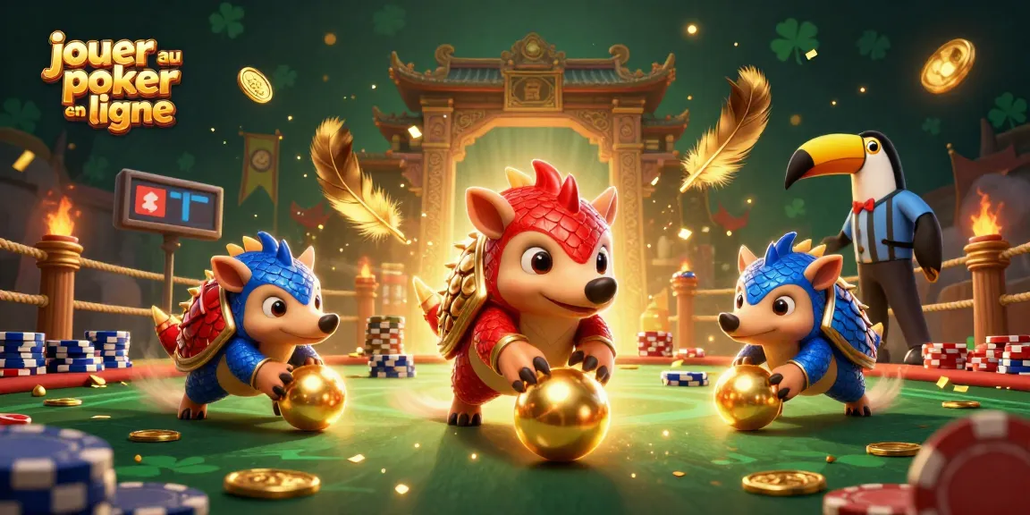 Jouer au poker en ligne avec des pangolins rivaux en armure, entourés de jetons et de pièces d'or.