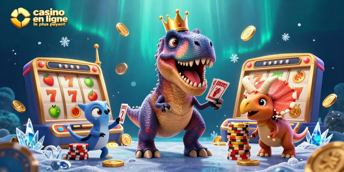 Illustration d'un T-Rex et d'un ptérodactyle dans un casino en ligne le plus payant, jouant avec des jetons et des cartes.