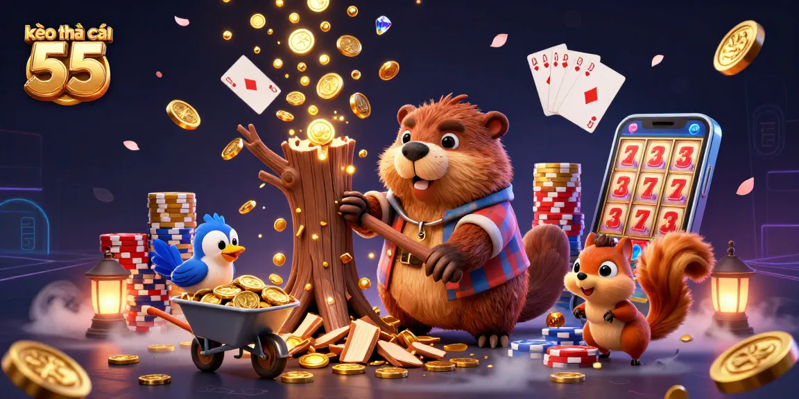 Engaging kèo nhà cái 55 visual featuring a beaver and friends amid coins and cards.