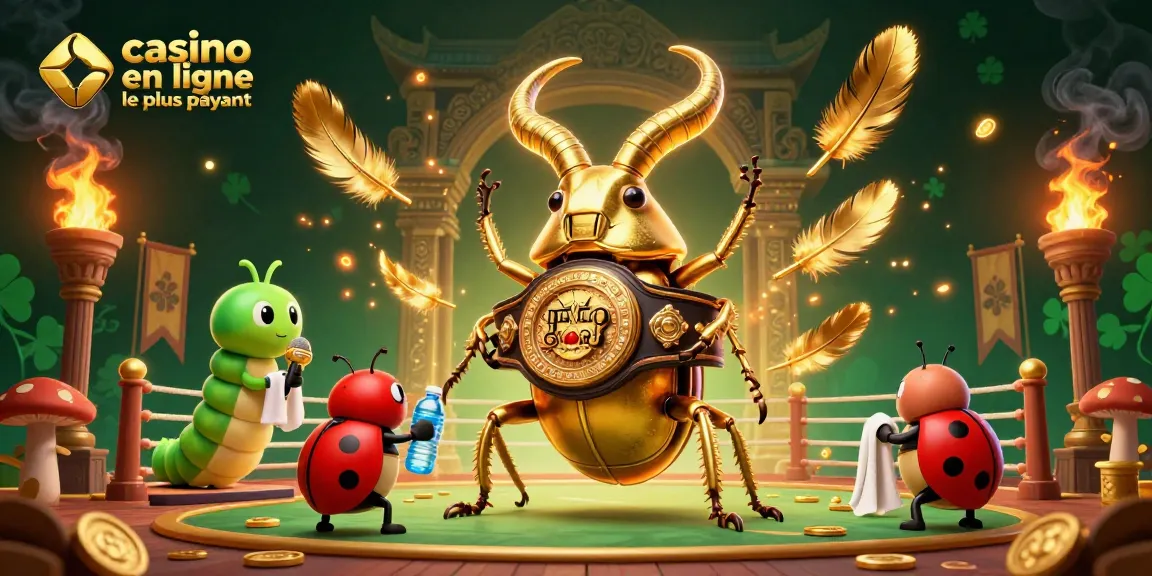 Découvrez le casino en ligne le plus payant avec un combat épique entre un scarabée géant et une coccinelle dans une ambiance de lumière dorée.